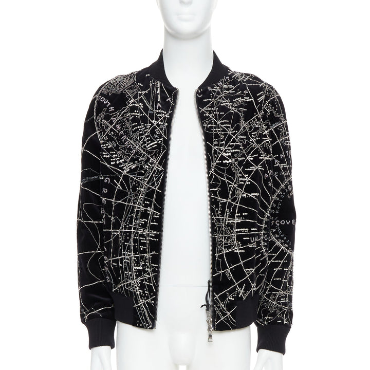 BALMAIN Broderie black map crystal bead embroidery velvet bomber jacket FR48