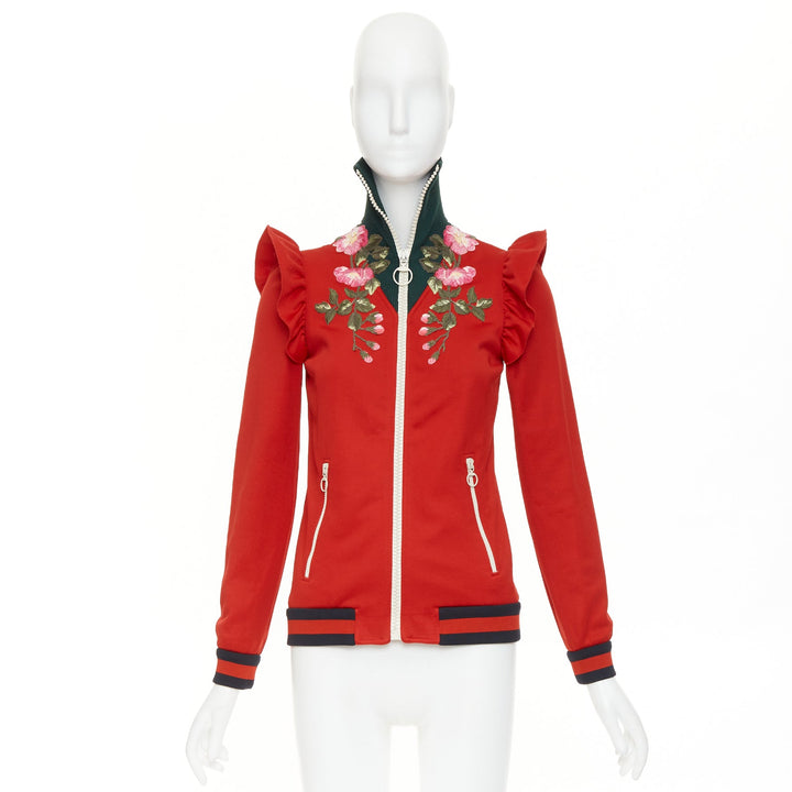 GUCCI 2017 red pink flower embroidery applique web ruffle zip track jacket XS