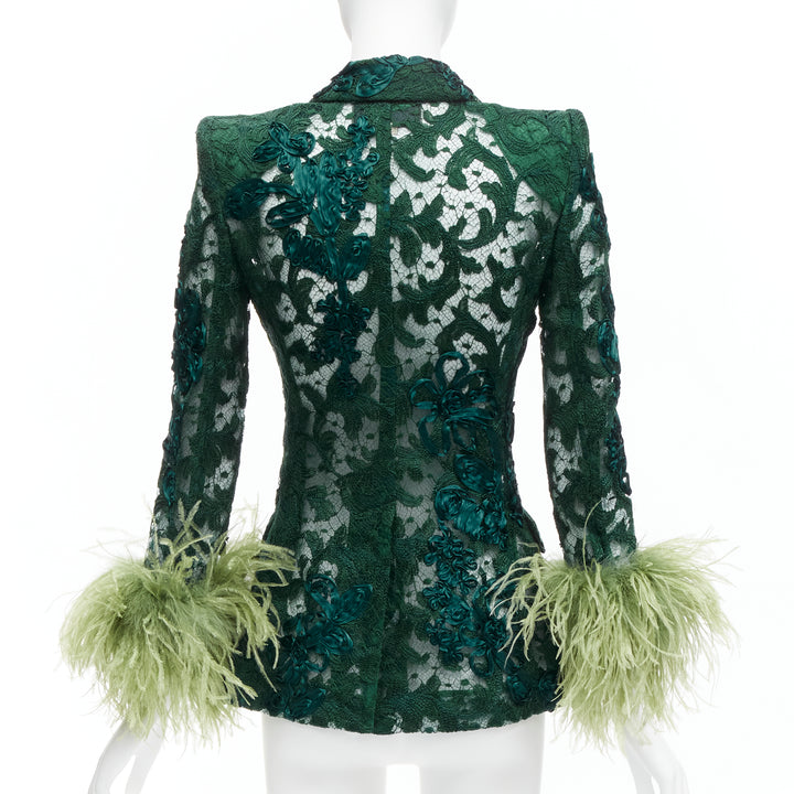 GUCCI Aria green feather cuff embellished lace sheer blazer jacket IT36 XXS