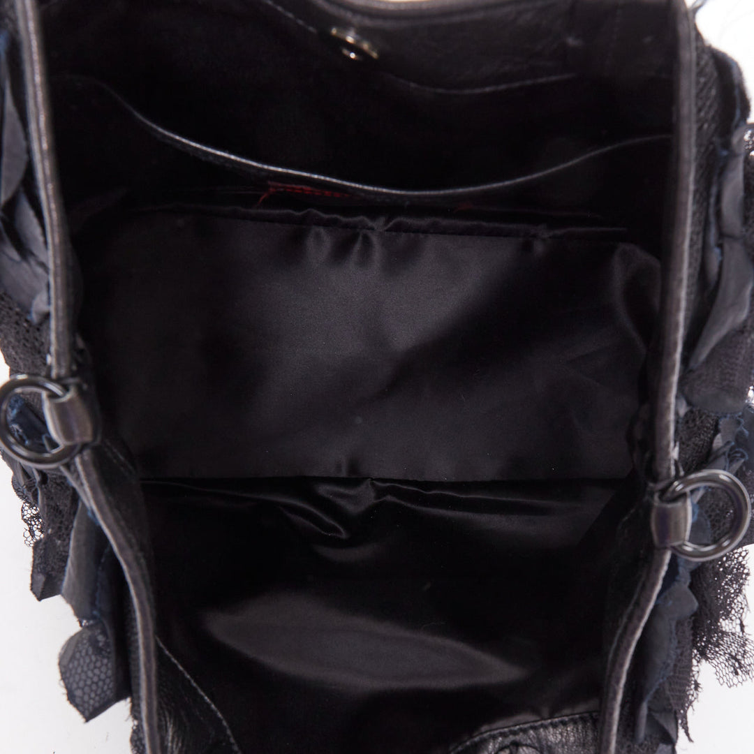VALENTINO black fabric mesh floral lace applique leather trim crossbody tote bag