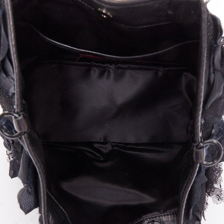 VALENTINO black fabric mesh floral lace applique leather trim crossbody tote bag