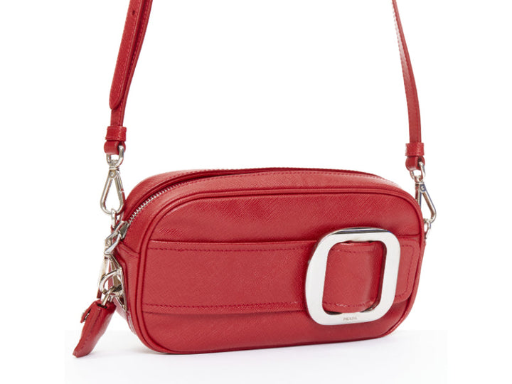 PRADA 2011 Runway Saffiano Buckle Camera red leather silver buckle crossbody bag