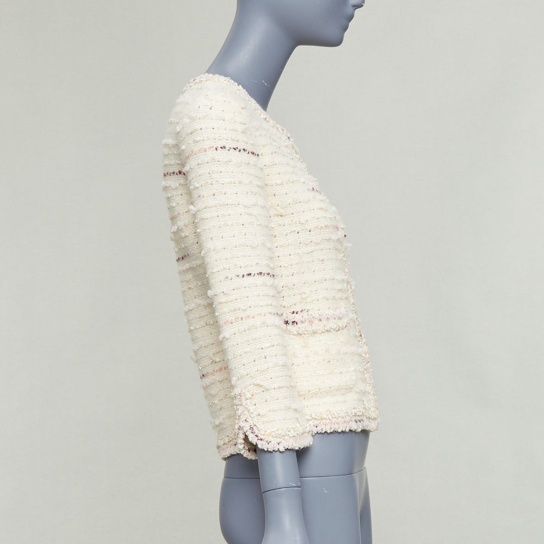CHANEL 05A cream pink wool boucle tweed gold CC buttons cardigan FR38 M