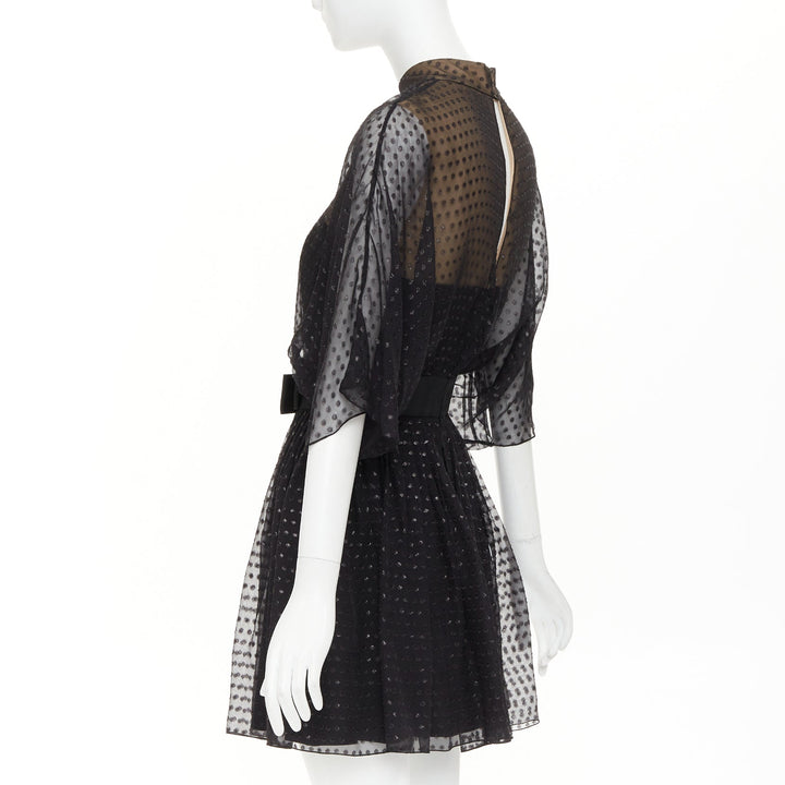SAINT LAURENT 2014 black polka dot lurex semi sheer bow belt silk dress FR36 XS