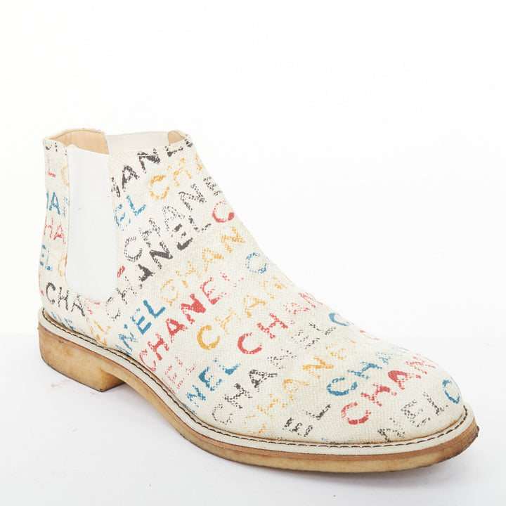CHANEL 2014 Runway Graffiti multicolor logo print canvas chelsea boots EU40.5
