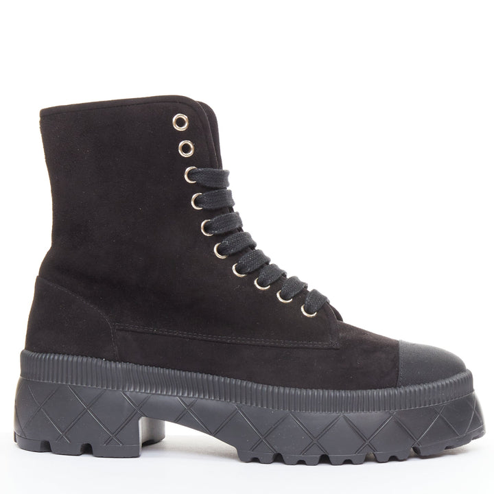 CHANEL 2023 black quilted suede silver CC cap toe platform combat boots EU37.5