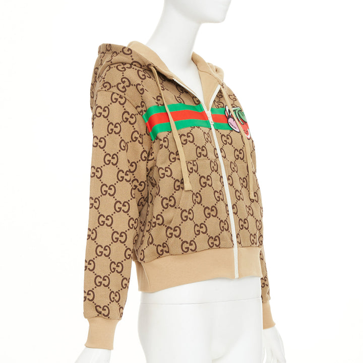 GUCCI GG canvas jacquard Web stripe cherry embroidery cropped zip hoodie XS