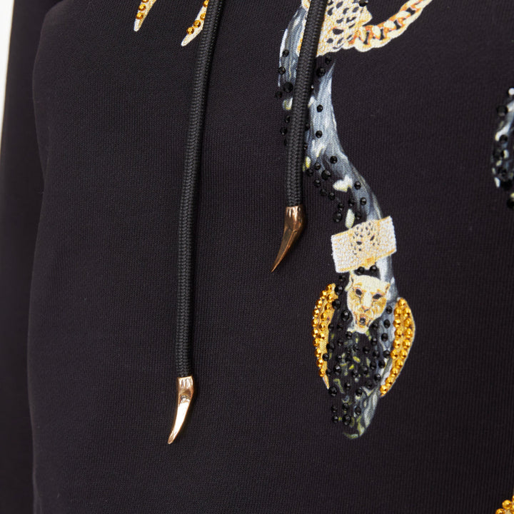 ROBERTO CAVALLI Snake And Logo-Print black cotton crystal embellished hoodie XS