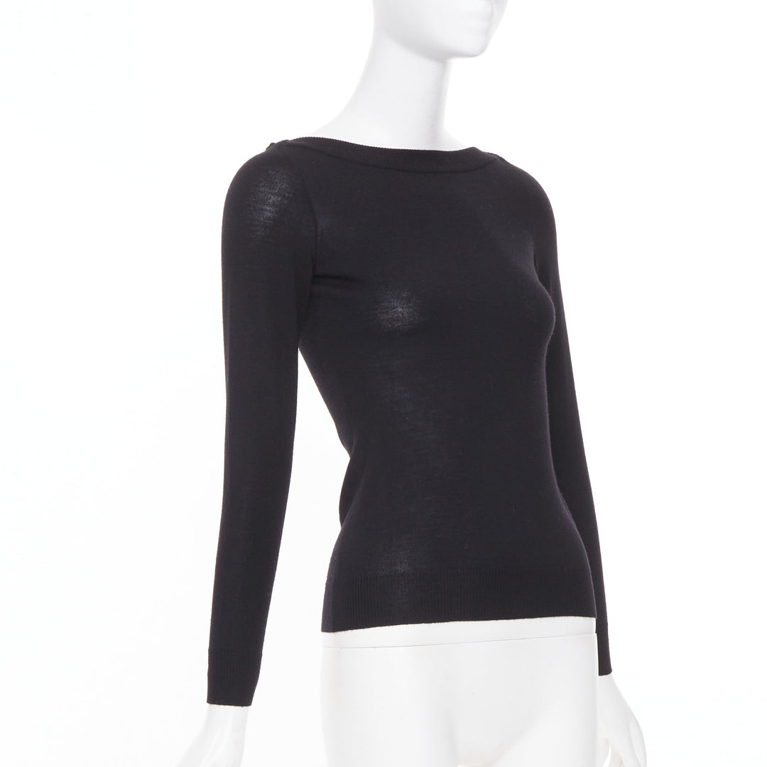ALAIA fine knit semi sheer black virgin wool boat neck top FR36 S
