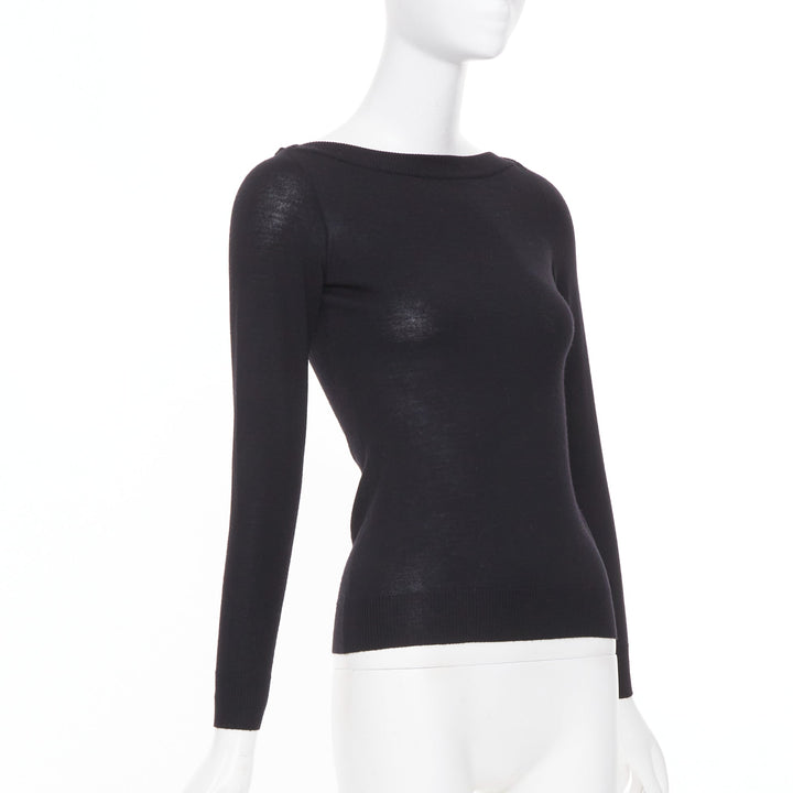 ALAIA fine knit semi sheer black virgin wool boat neck top FR36 S