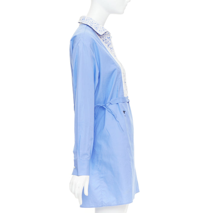 CHRISTIAN DIOR 2021 blue white lace plastron bib belted tunic shirt dress FR38 M