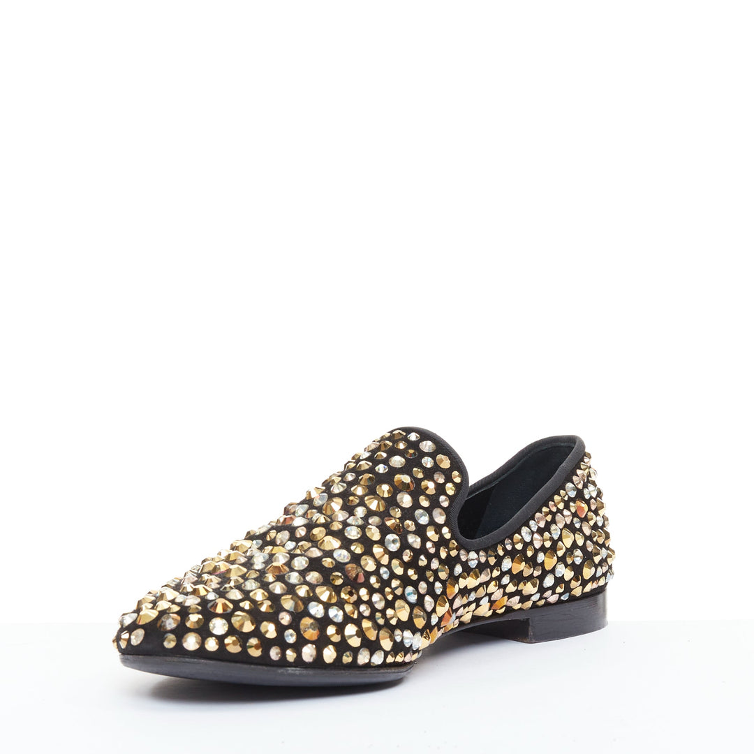 GIUSEPPE ZANOTTI Kevin black suede gold silver Swarovski crystal loafers EU43