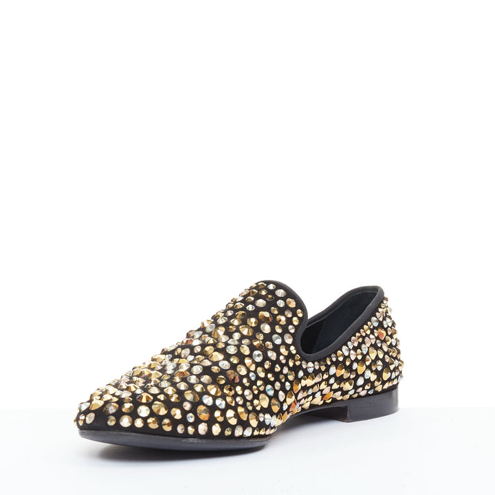 GIUSEPPE ZANOTTI Kevin black suede gold silver Swarovski crystal loafers EU43