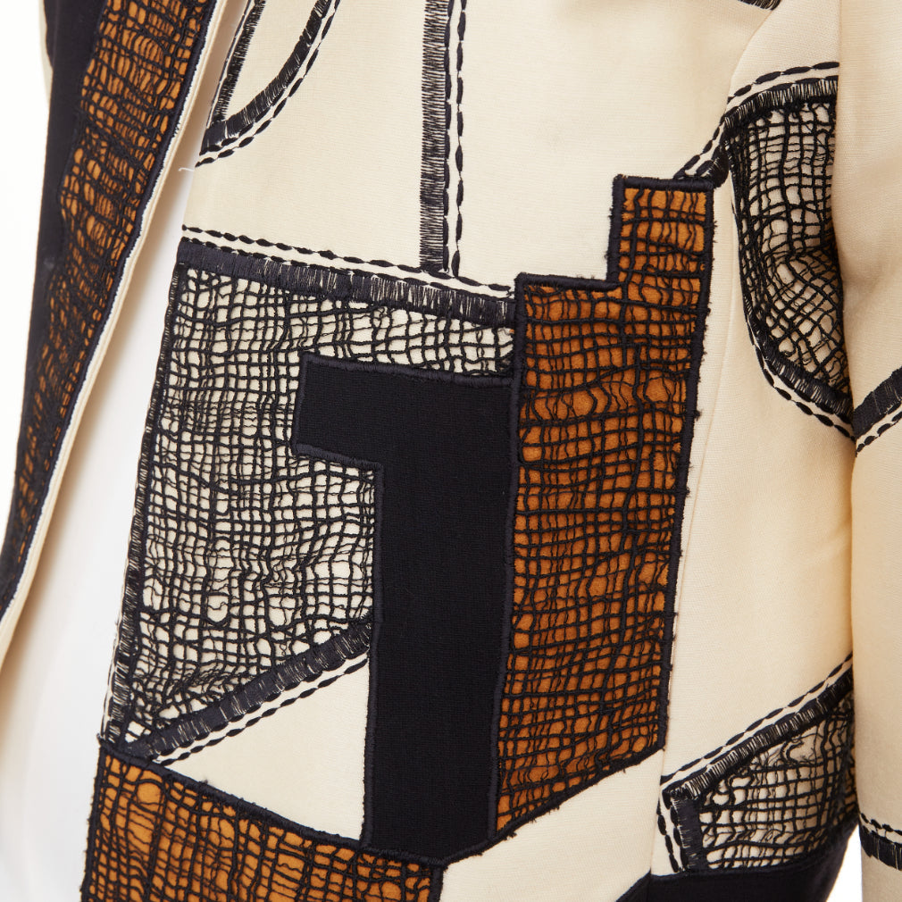 OSCAR DE LA RENTA 2012 beige black abstract mesh overlay cropped jacket US12 2XL