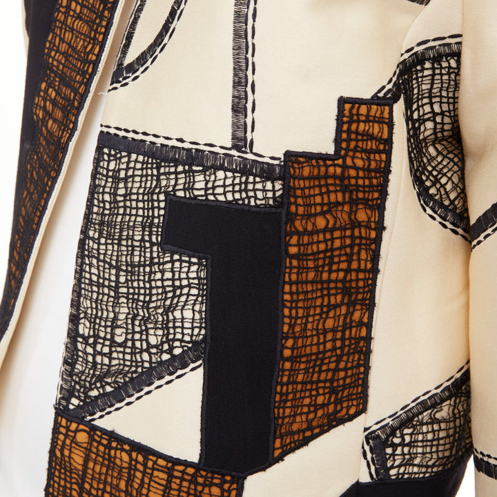 OSCAR DE LA RENTA 2012 beige black abstract mesh overlay cropped jacket US12 2XL