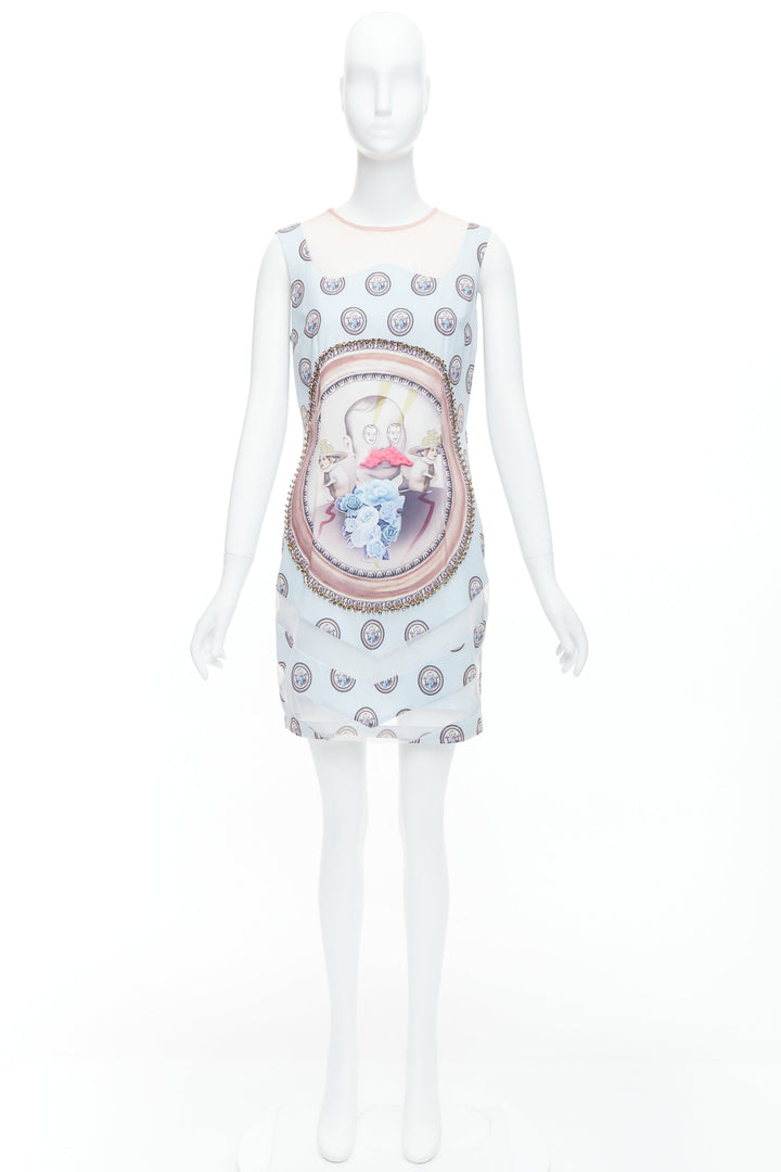 MSGM baby blue silk blend portrait print embellished shift dress L