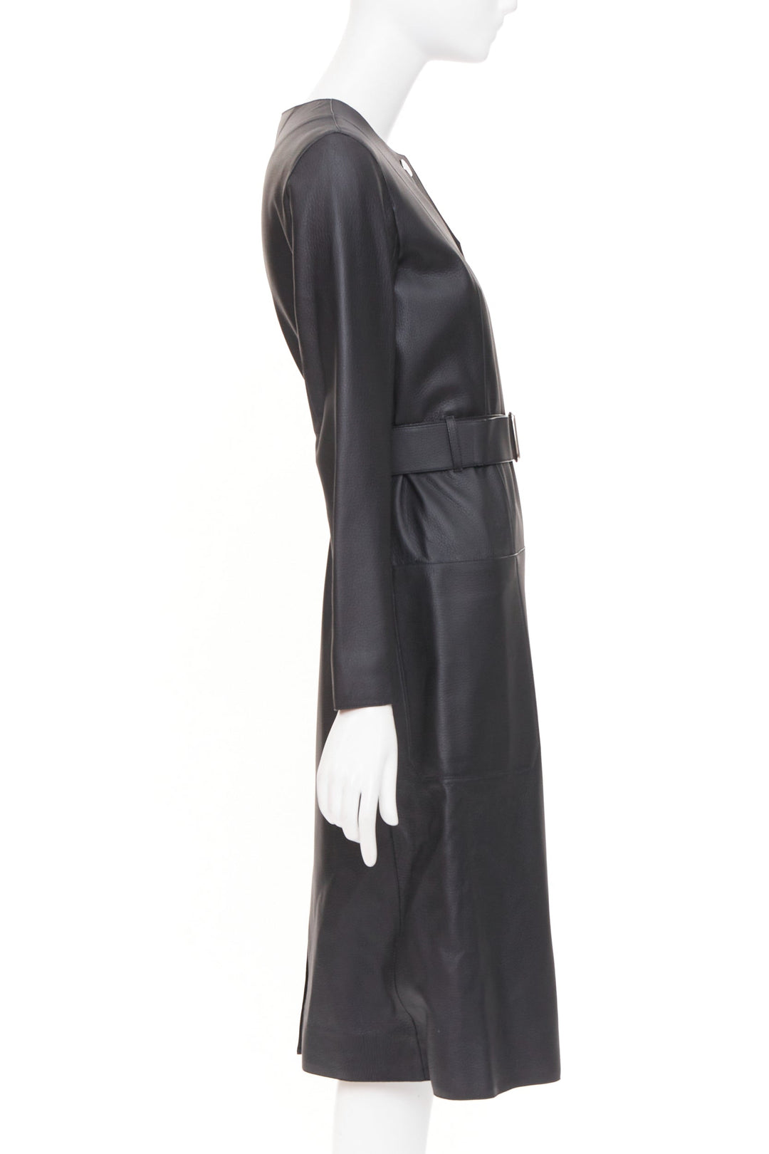 HERMES deerskin asymmetric snap button collared belted long leather coat FR34 XS
