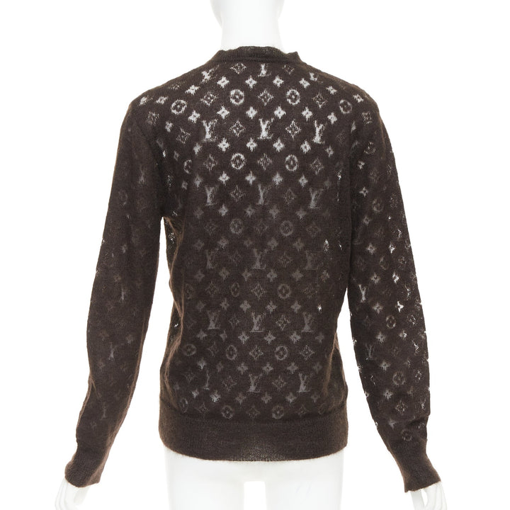 LOUIS VUITTON brown mohair blend LV logo monogram sheer knit sweater XS