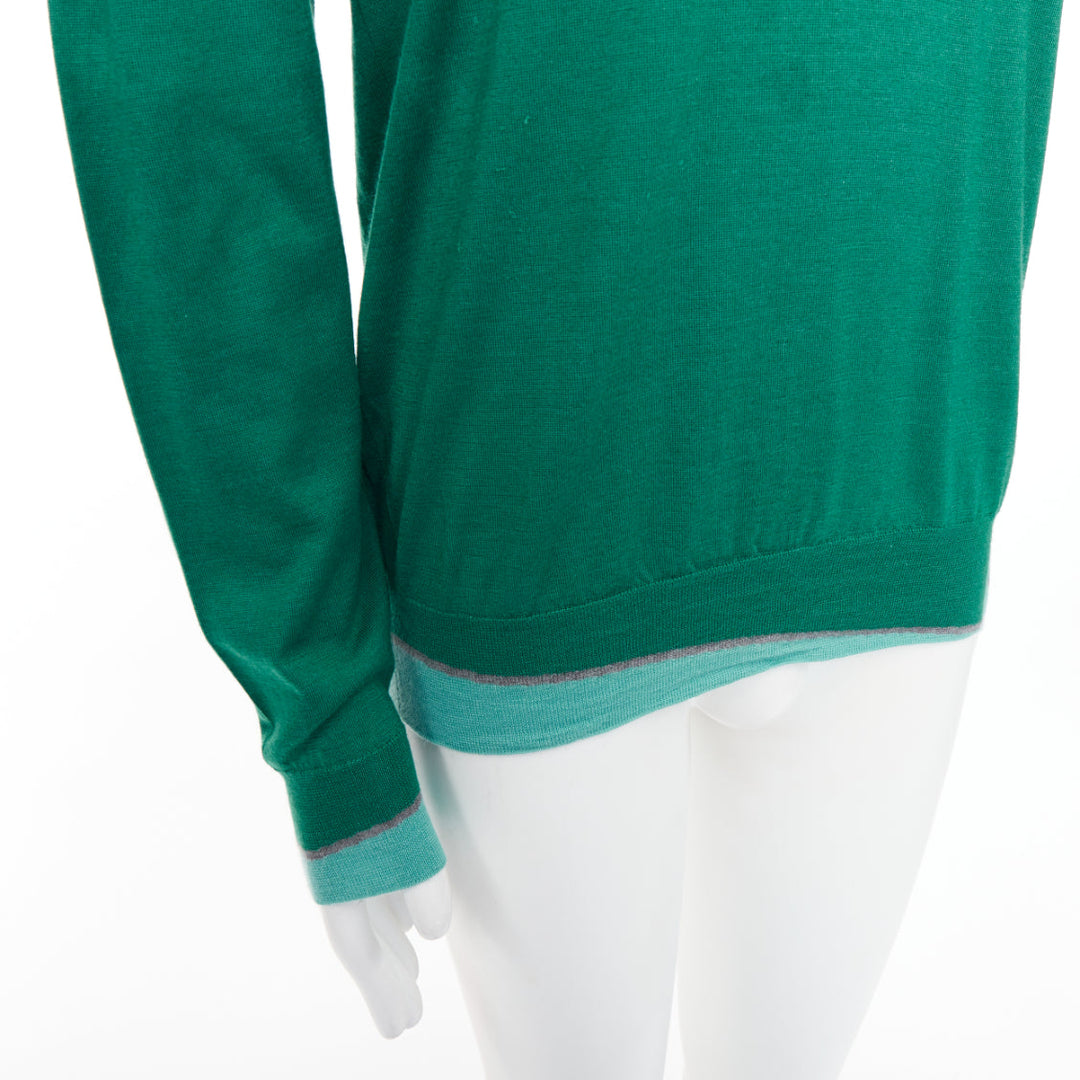 HERMES cashmere silk blend green blue border trompe loeil crewneck sweater