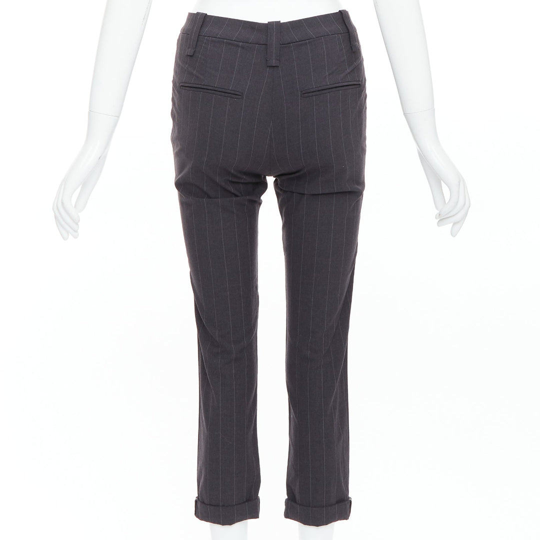 BRUNELLO CUCINELLI grey virgin wool blend pinstripe cuffed crop trousers IT38 XS