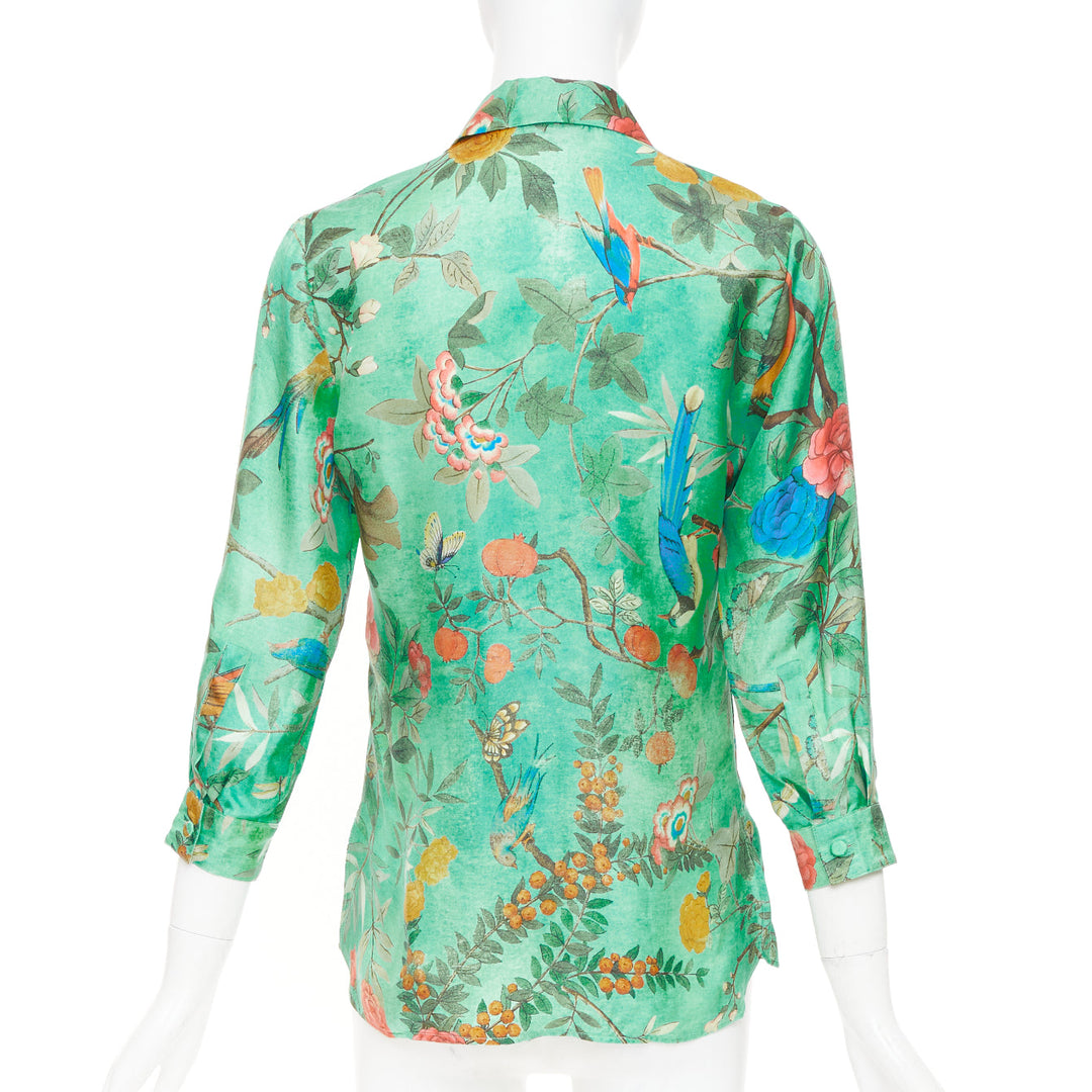 GUCCI 2016 Tian print chinoiserie bird floral silk pussy bow blouse top IT38 XS