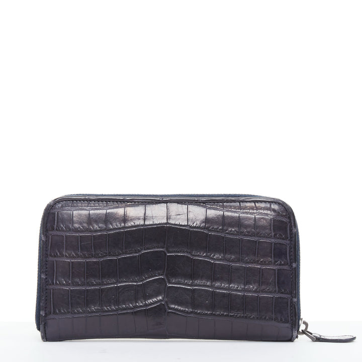 BOTTEGA VENETA midnight blue scaled leather zip around long wallet