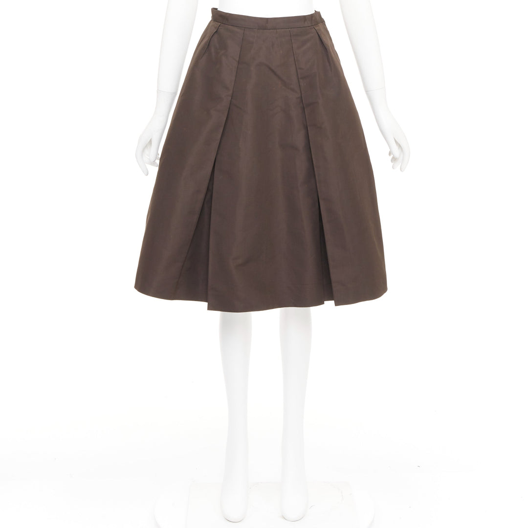 PRADA Vintage brown silk nylon grosgrain pleat flared a line midi skirt IT42 M