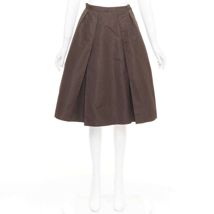 PRADA Vintage brown silk nylon grosgrain pleat flared a line midi skirt IT42 M