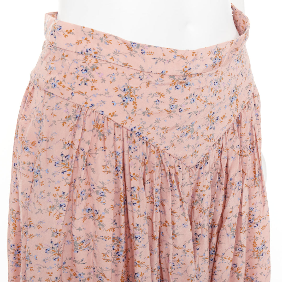 CELINE 100% silk pink blue prairie floral print midi skirt FR38 M