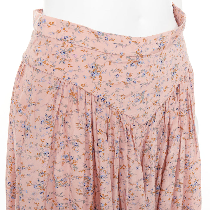 CELINE 100% silk pink blue prairie floral print midi skirt FR38 M
