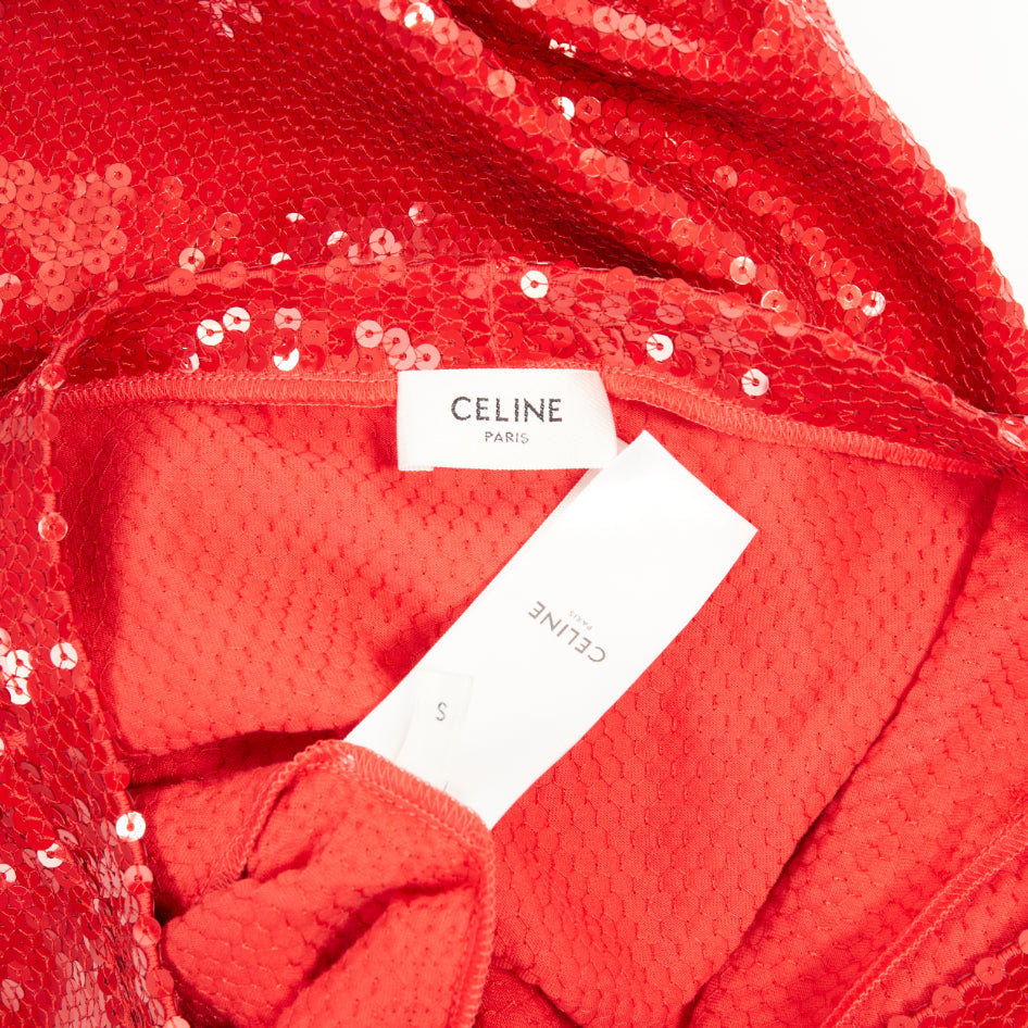 CELINE 2021 Runway red white sequin varsity logo oversized jersey tshirt S