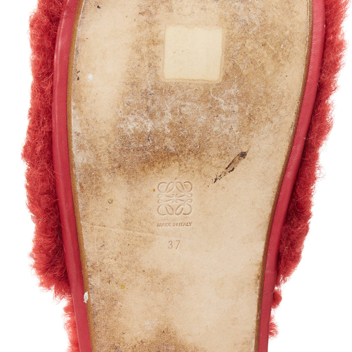 LOEWE red shearling brown anagram leather tag slipper mules EU37