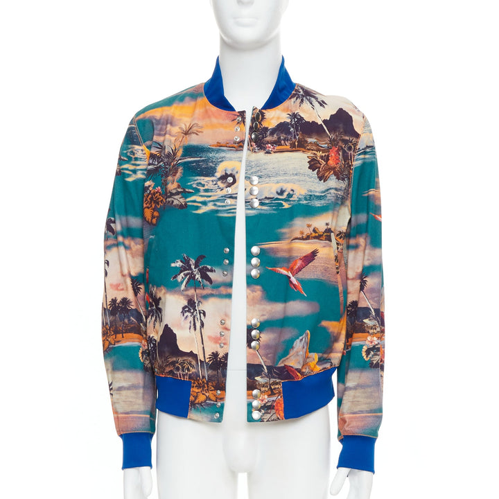 JEAN PAUL GAULTIER Tropical print blue cotton blend bomber jacket FR48 M