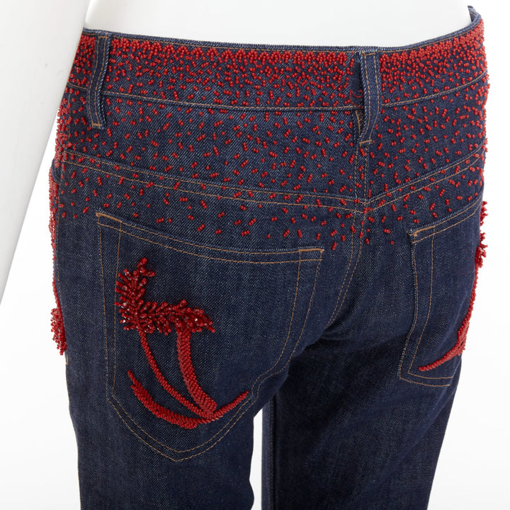 PRADA 2017 Runway red beaded floral embellishment straight leg cropped jeans 25"