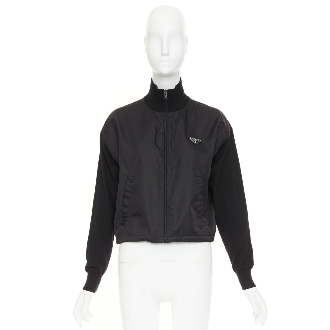 PRADA 2021 black Re Nylon wool silver plague logo high neck zip jacket IT38 XS