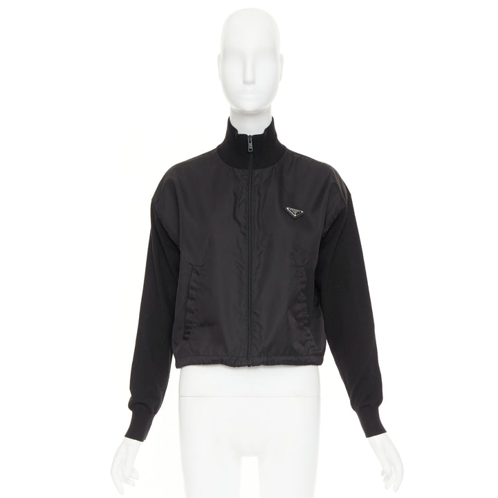 PRADA 2021 black Re Nylon wool silver plague logo high neck zip jacket IT38 XS