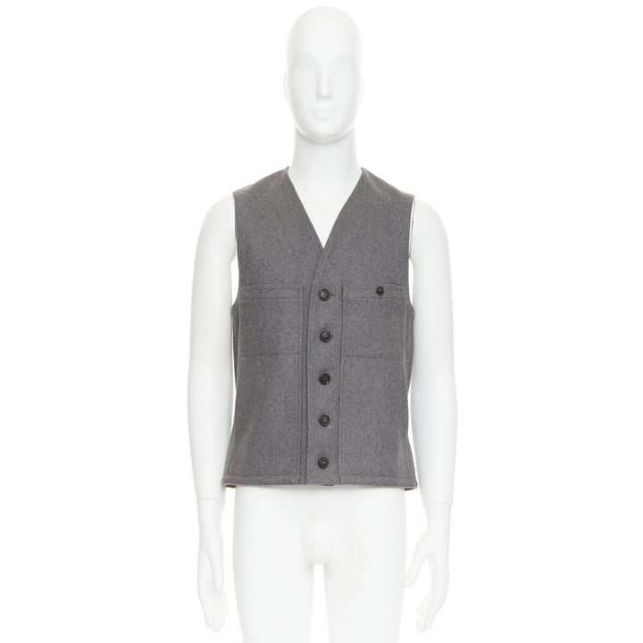 LEMAIRE grey 100% virgin wool felt horn buttons pocketed waist coat vest Sz.2 M