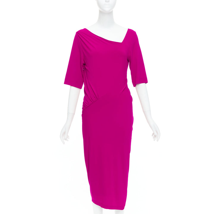 DONNA KARAN berry pink asymmetric neck tuck draped midi dress L