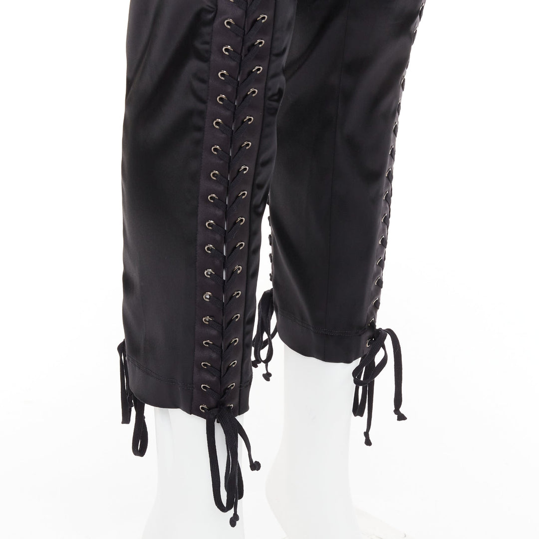 DOLCE GABBANA black satin eyelet corset lace detail cropped skinny pants IT38 XS