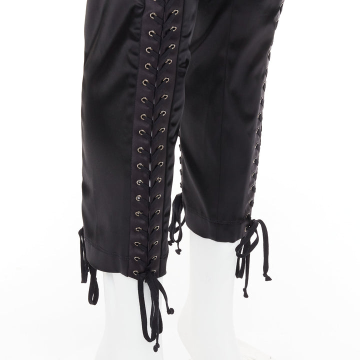 DOLCE GABBANA black satin eyelet corset lace detail cropped skinny pants IT38 XS