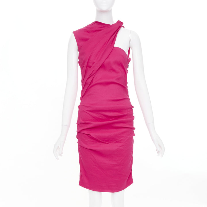 LANVIN 2014 hot pink linen draped asymmetric shoulder cocktail dress FR38 M