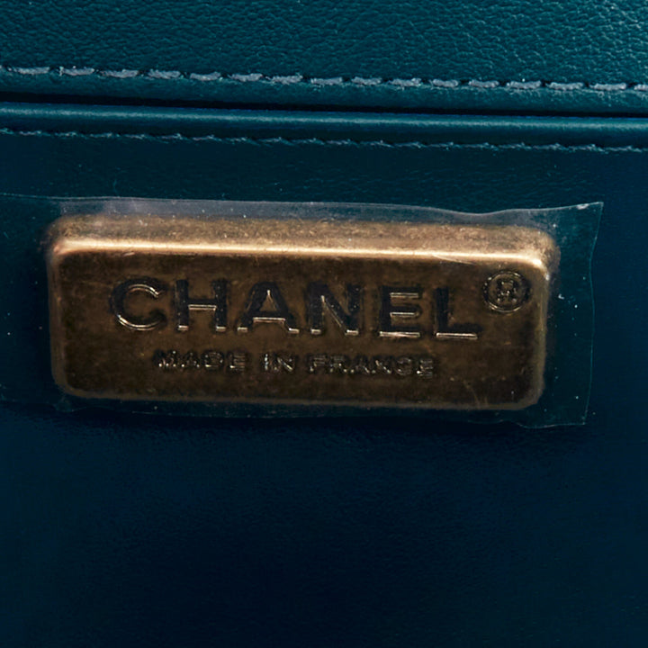 CHANEL Le Boy 25 petrol blue exotic python leather antique gold crossbody bag