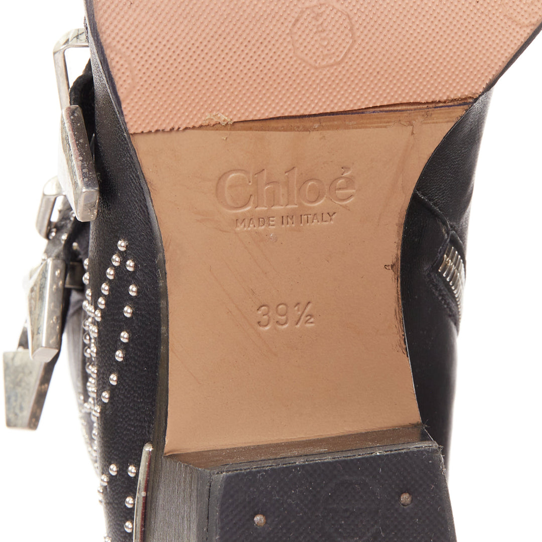 CHLOE Susanna black leather silver floral studded buckle grunge boots EU39.5