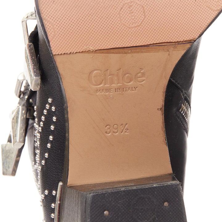 CHLOE Susanna black leather silver floral studded buckle grunge boots EU39.5