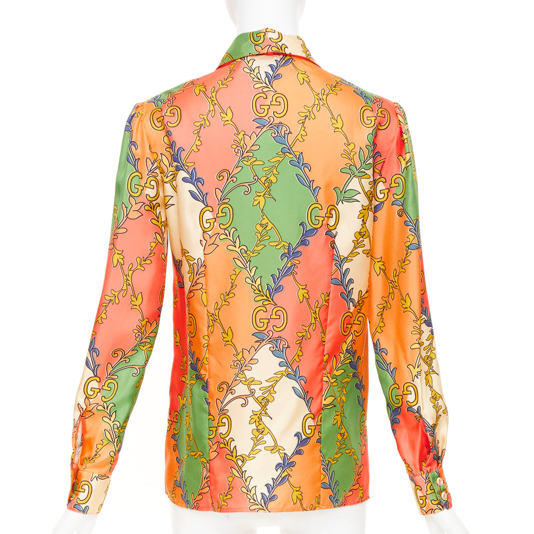 GUCCI 2021 Fluo Barocco orange green  GG Rhombus Ramage silk blouse IT38 XS