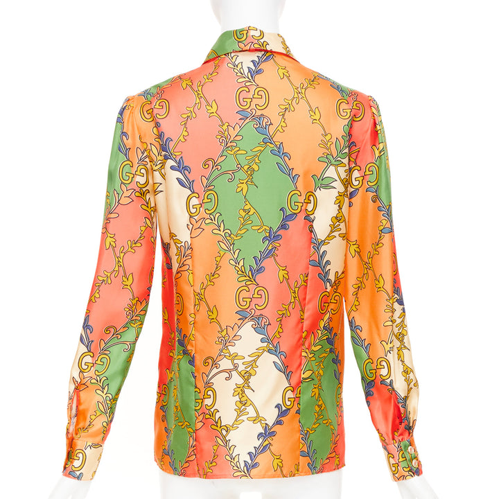 GUCCI 2021 Fluo Barocco orange green  GG Rhombus Ramage silk blouse IT38 XS