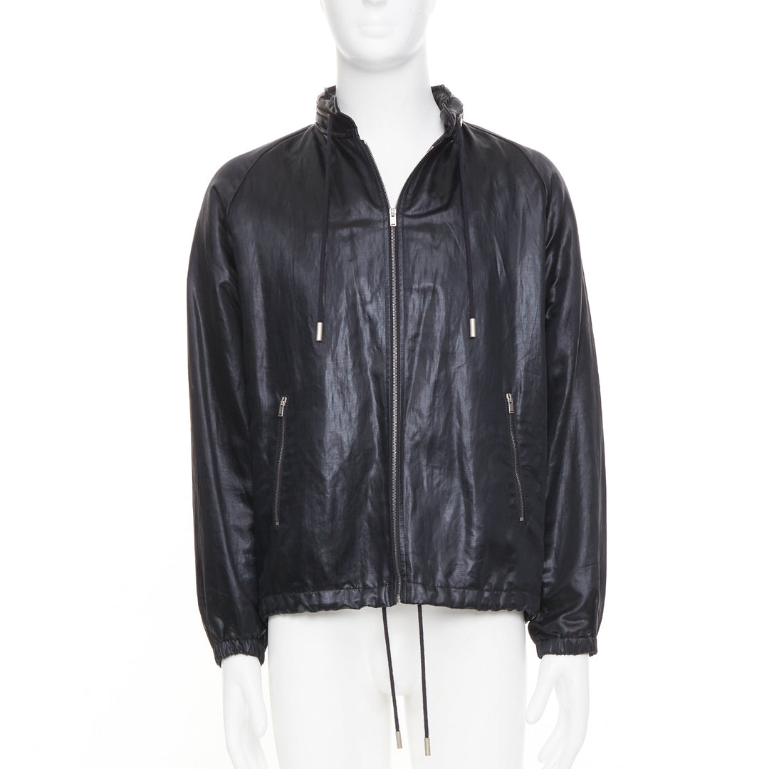SAINT LAURENT 2018 crinkled coated drawstring zip up blouson jacket FR 46 S