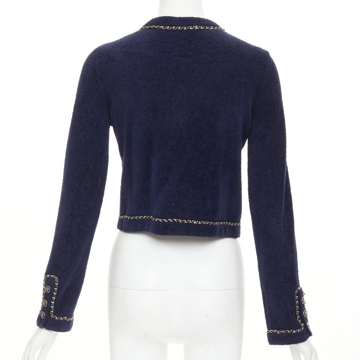 CHANEL 2020 navy cotton terry leather chain trim crop cardigan jacket FR34 XXS