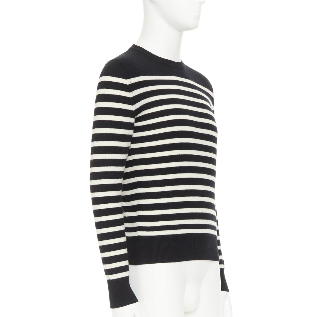 SAINT LAURENT 2017 100% Cashmere black white horizontal striped crew sweater XS