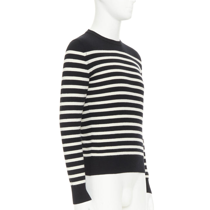 SAINT LAURENT 2017 100% Cashmere black white horizontal striped crew sweater XS